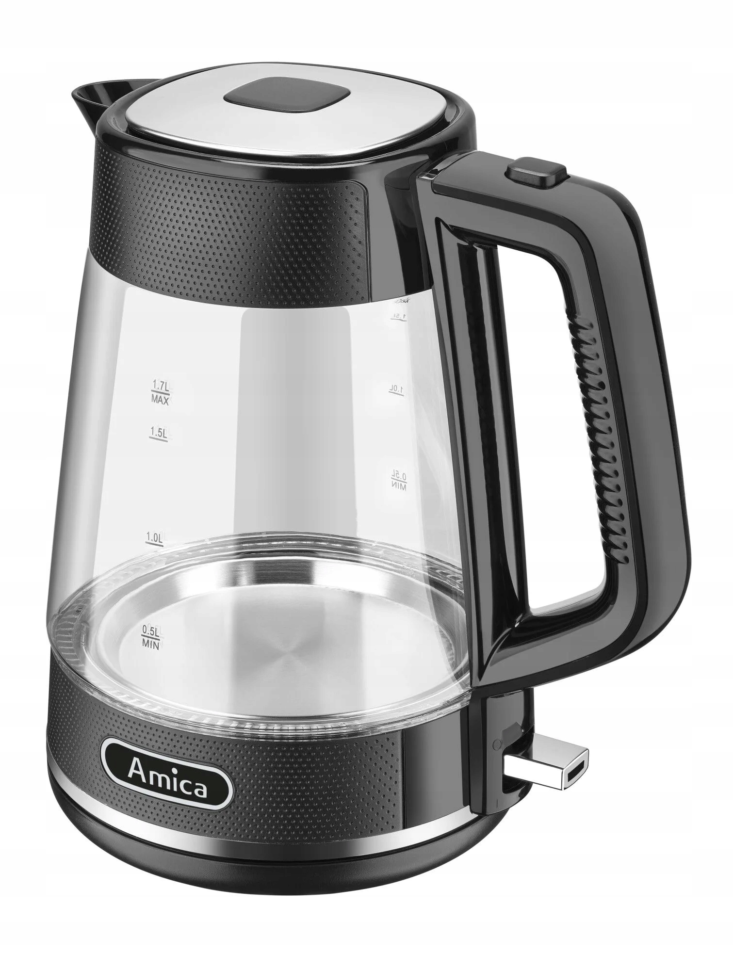 Pohled na skleněnou konvici Amica KF 4050 G s britským regulátorem Strix