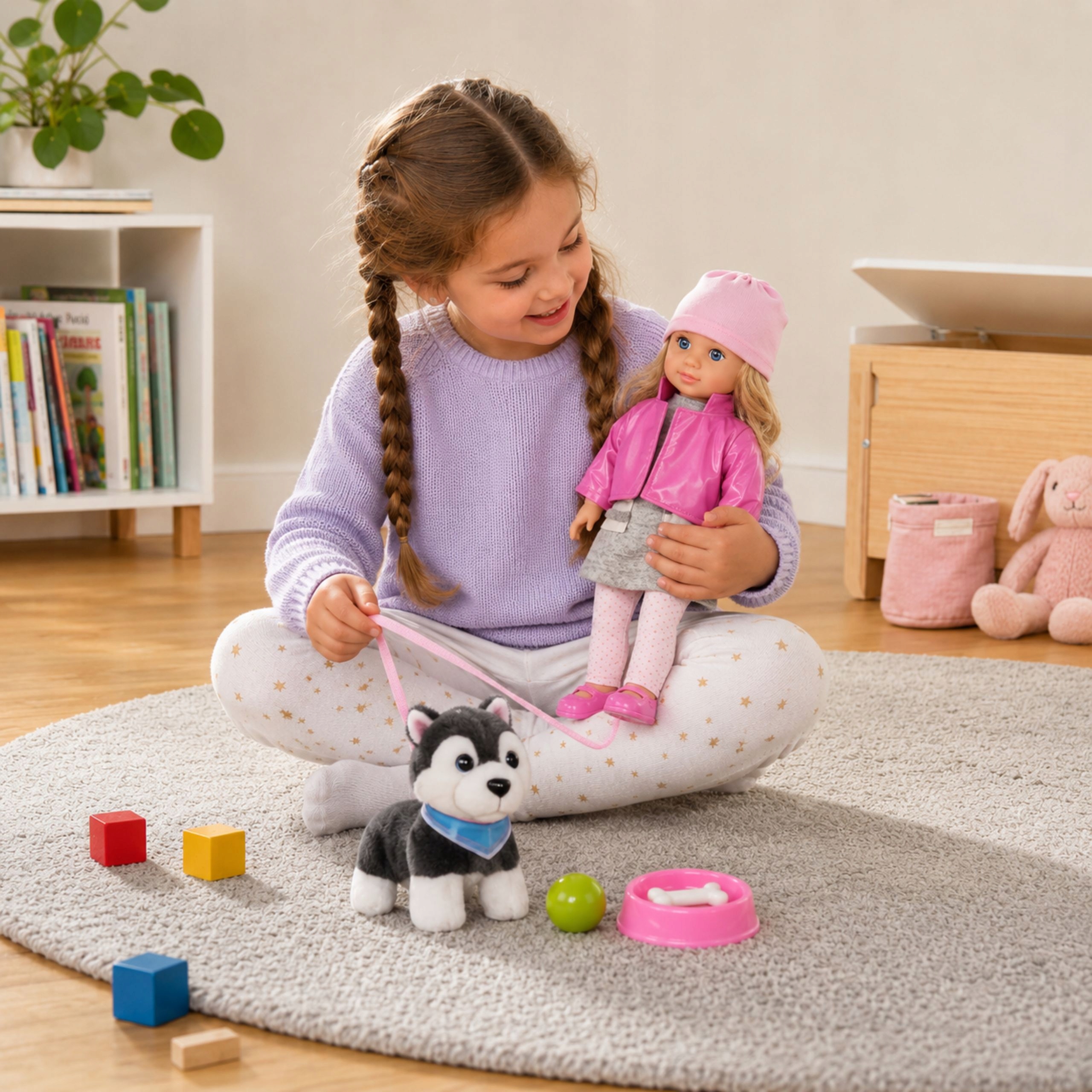 Panenka Natalia s pejskem Husky a doplňky pro péči