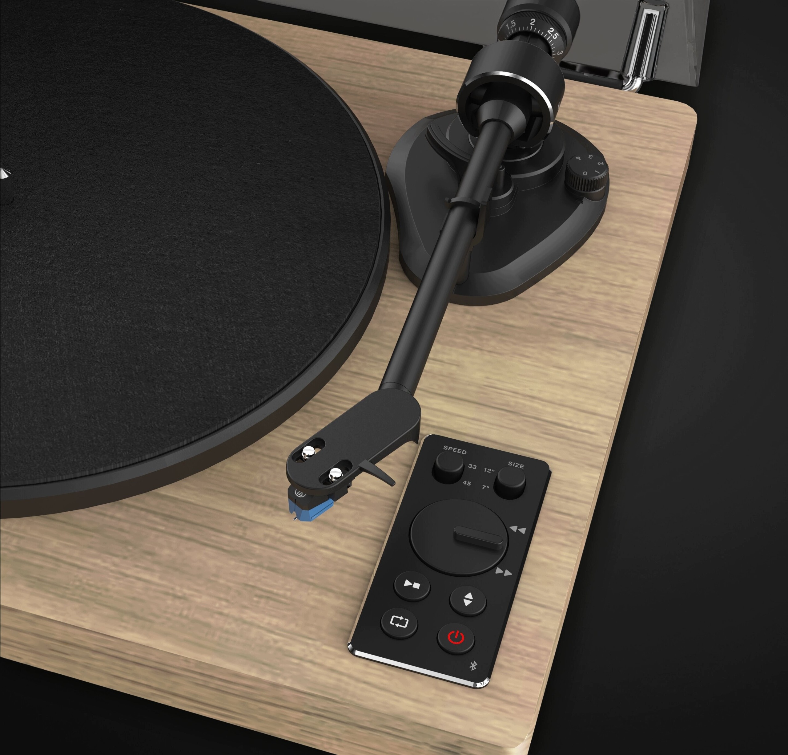 Detail ramínka a přenosky Audio-Technica na gramofonu Blaupunkt VARSOVIA AT100BT