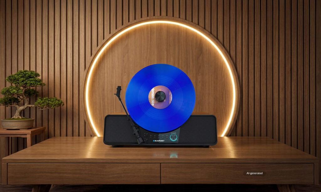 Boční pohled na vertikální gramofon Blaupunkt VARSOVIA VT200BT