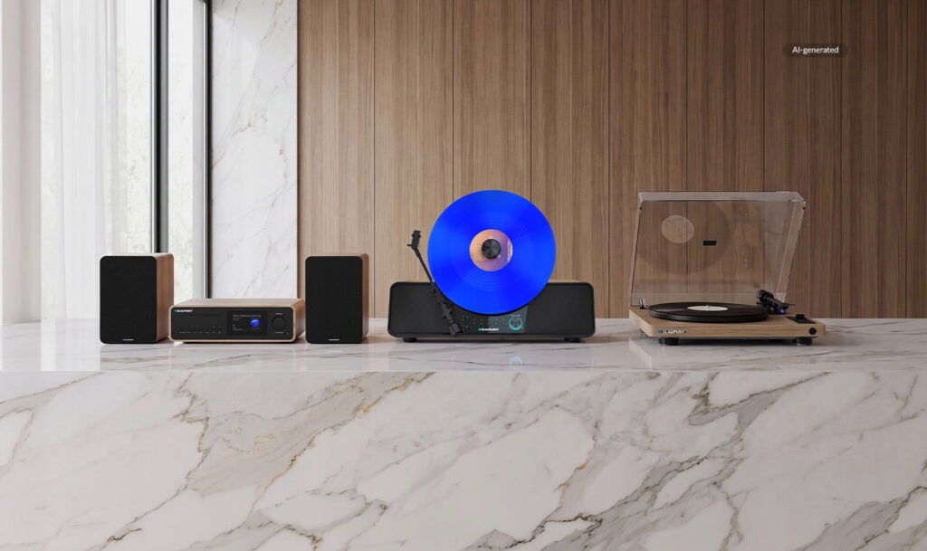 Designový vertikální gramofon Blaupunkt VT200BT v interiéru