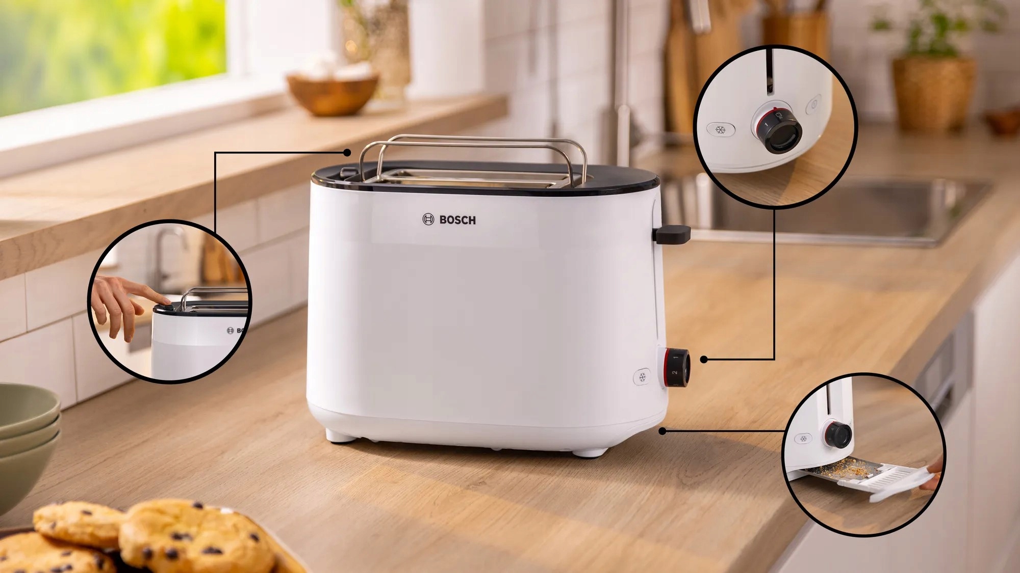 Detail ovládacích prvků a bočního profilu toustovače Bosch MyMoment TAT2M121