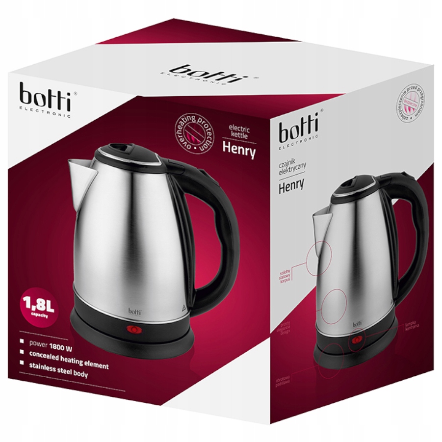 Rychlovarná konvice BOTTI Henry Inox 1,8 l detail materiálu a zpracování