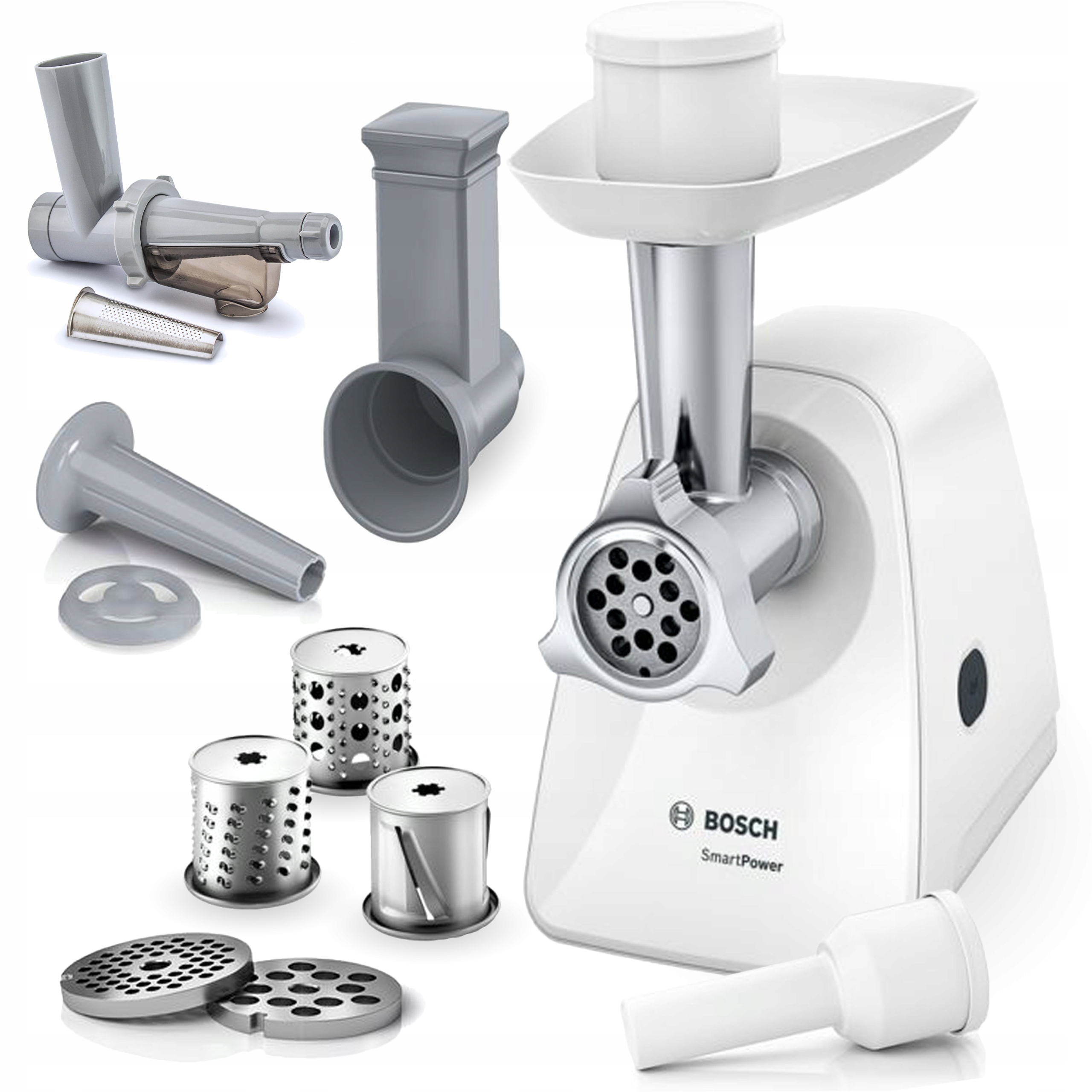 Bosch MFW2517W - celkový pohled na mlýnek na maso s příslušenstvím