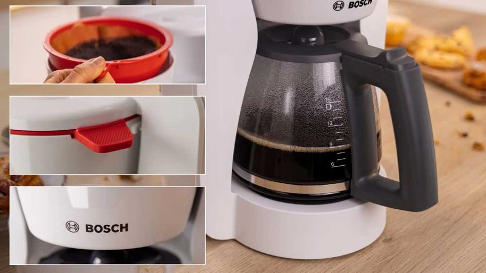 Pohled na elegantní design překapávacího kávovaru Bosch řady MyMoment s matnými prvky