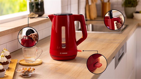 Červená rychlovarná konvice Bosch TWK1M124 MyMoments na kuchyňské lince