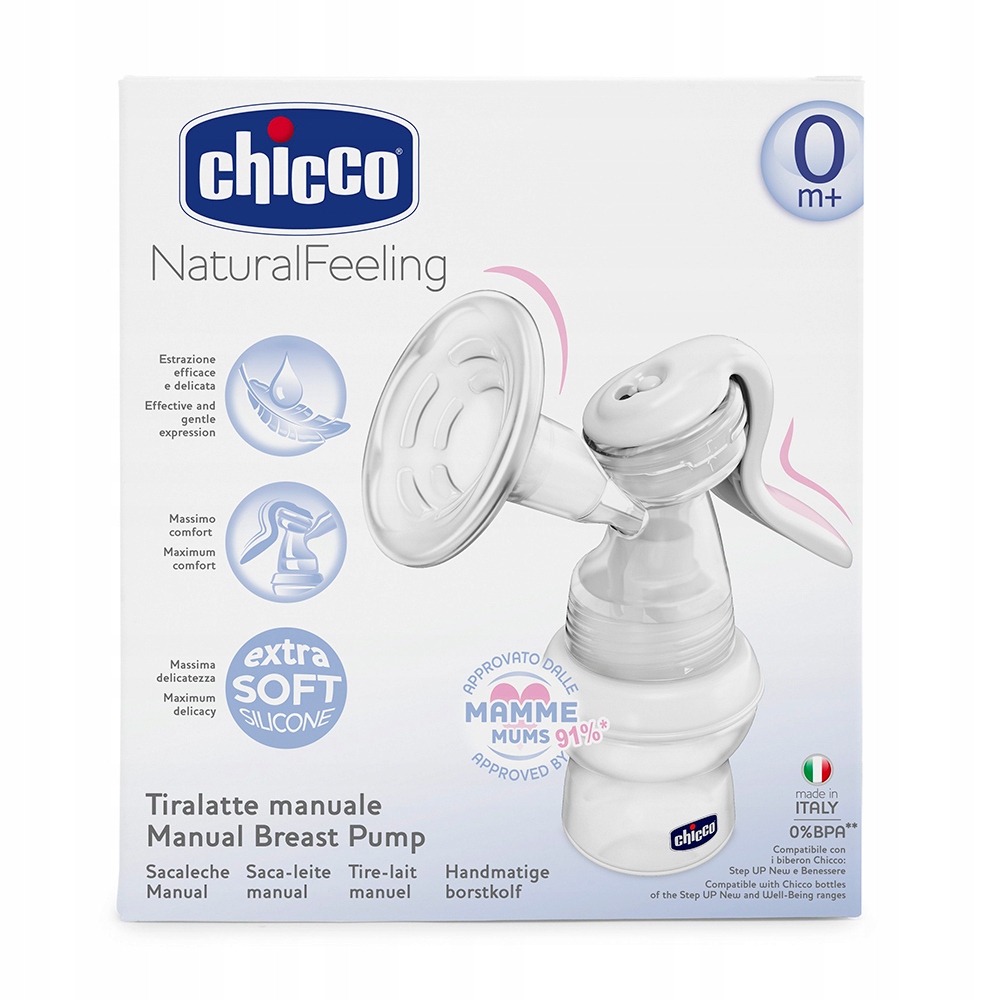 Bílá manuální prsní pumpa Chicco Natural Feeling pro maminky