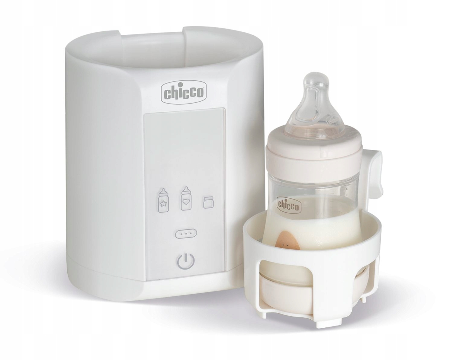 Bílý ohřívač Chicco Home & Travel s vloženou lahvičkou