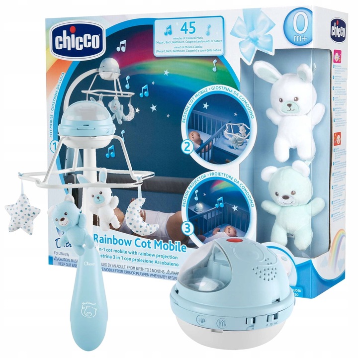 Hrací kolotoč s projektorem Chicco Rainbow 3v1 Modrý nad postýlkou