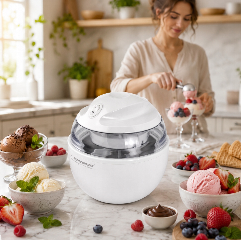 Bílý domácí zmrzlinovač Esperanza VANILLA EKI001 pro přípravu sorbetů a zmrzliny