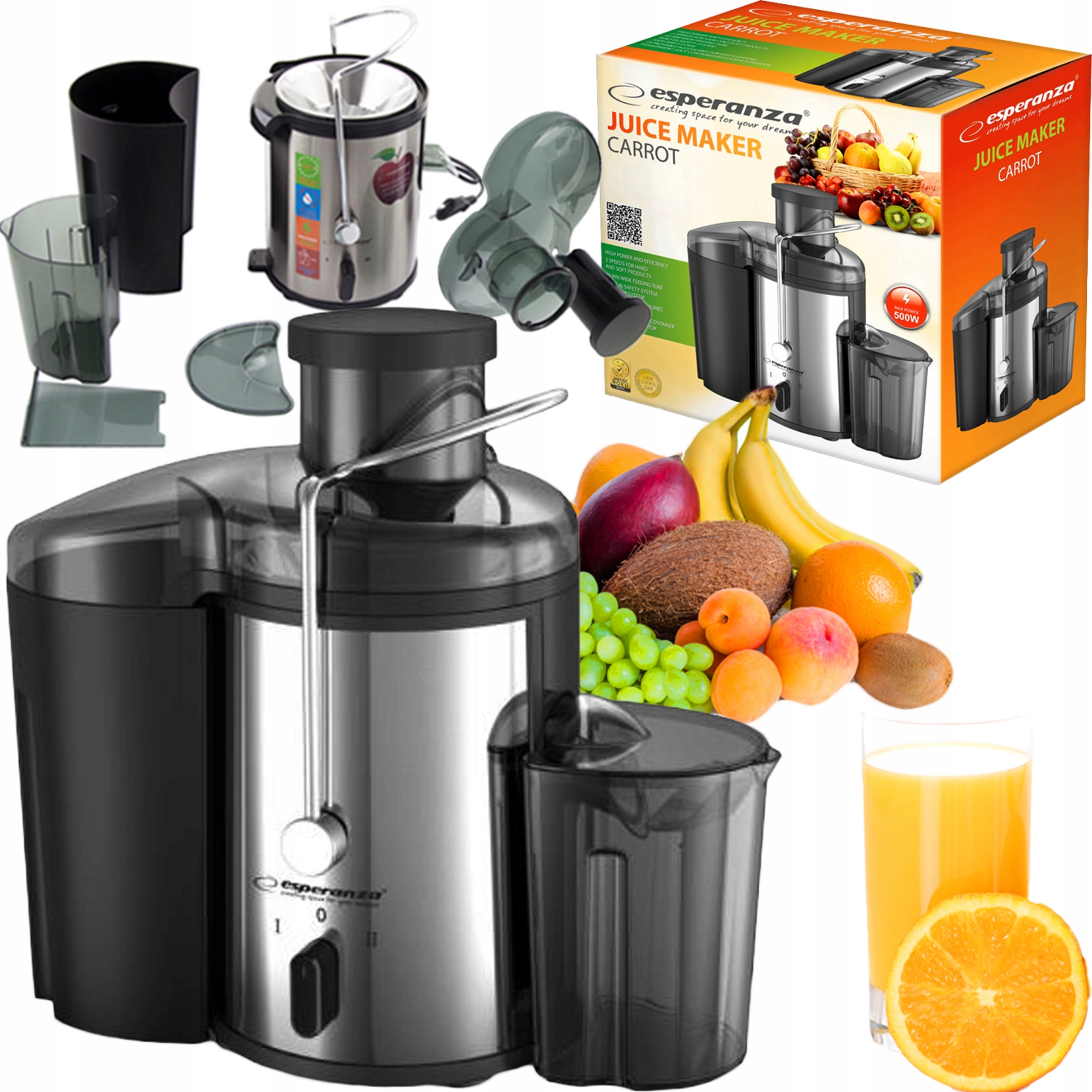 Výkonný domácí odšťavňovač Esperanza Carrot 500W v elegantním černo-stříbrném provedení