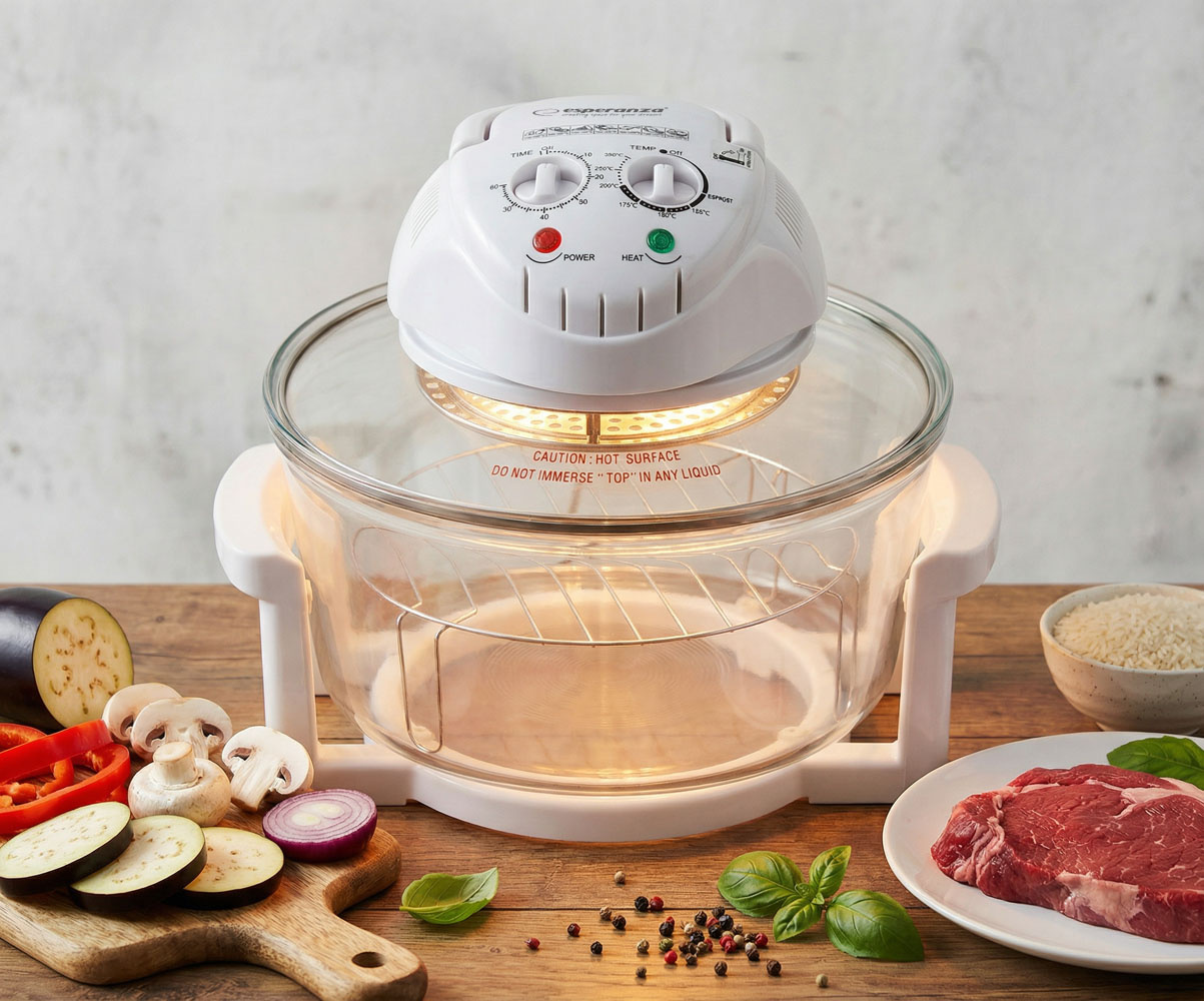 Pohled na zapnuté halogenové víko s topným tělesem o výkonu 1400W