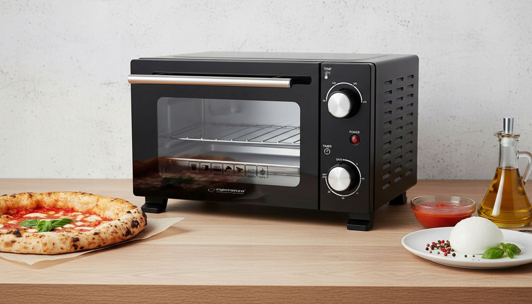 Esperanza Mini pekárna Calzone 10L 800W EKO007N - přiložené příslušenství rošt a plech