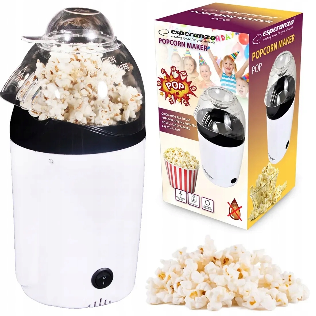 Pohled na stabilní spodní část a spínač popcornovače Esperanza POP