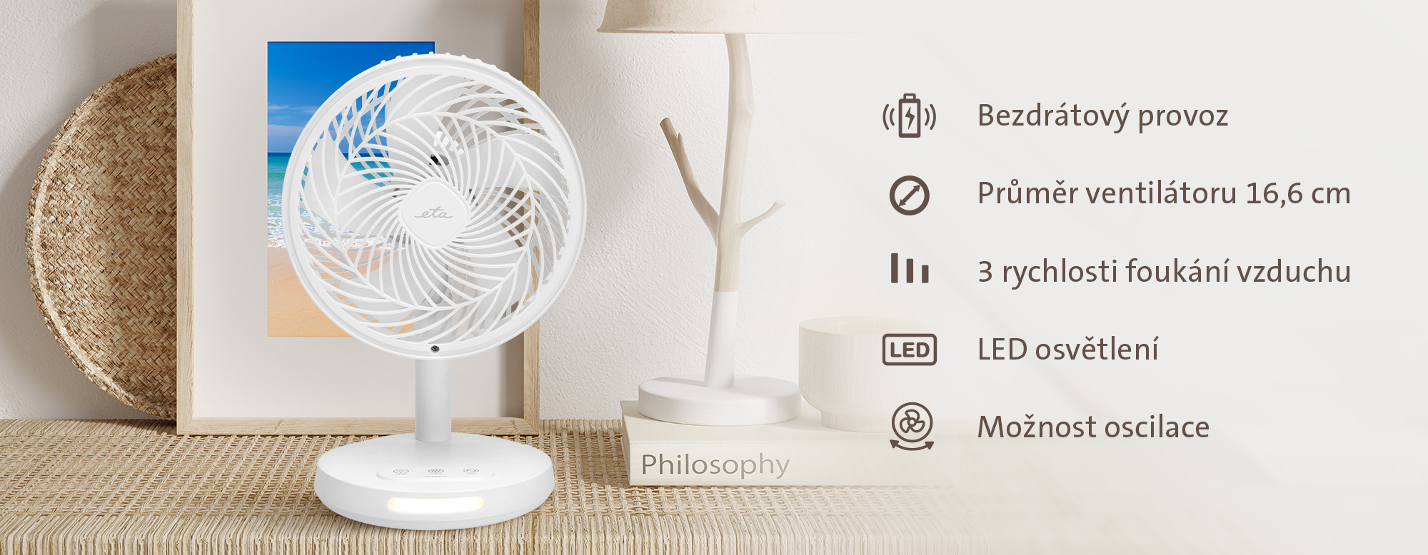 Kompaktní bezdrátový ventilátor ETA Windy v moderním interiéru