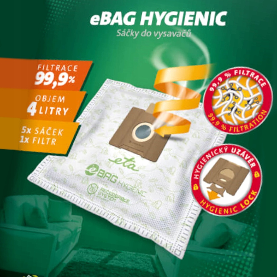 Sáčky do vysavačů ETA Hygienic eBag SafBag UNIVERZÁLNÍ Hyundai Sencor Výrobce ETA – Syntetický sáček do vysavačů ETA Hygienic ETA960068010