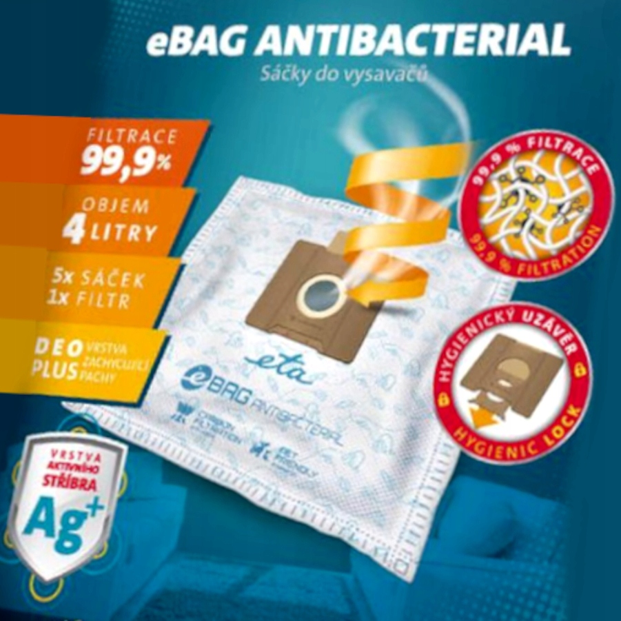 Worki do odkurzaczy ETA AntiBacterial SafBag UNIWERSALNE Hyundai Sencor Producent ETA – Antybakteriální syntetický sáček do vysavačů ETA AntiBacterial ETA960068020