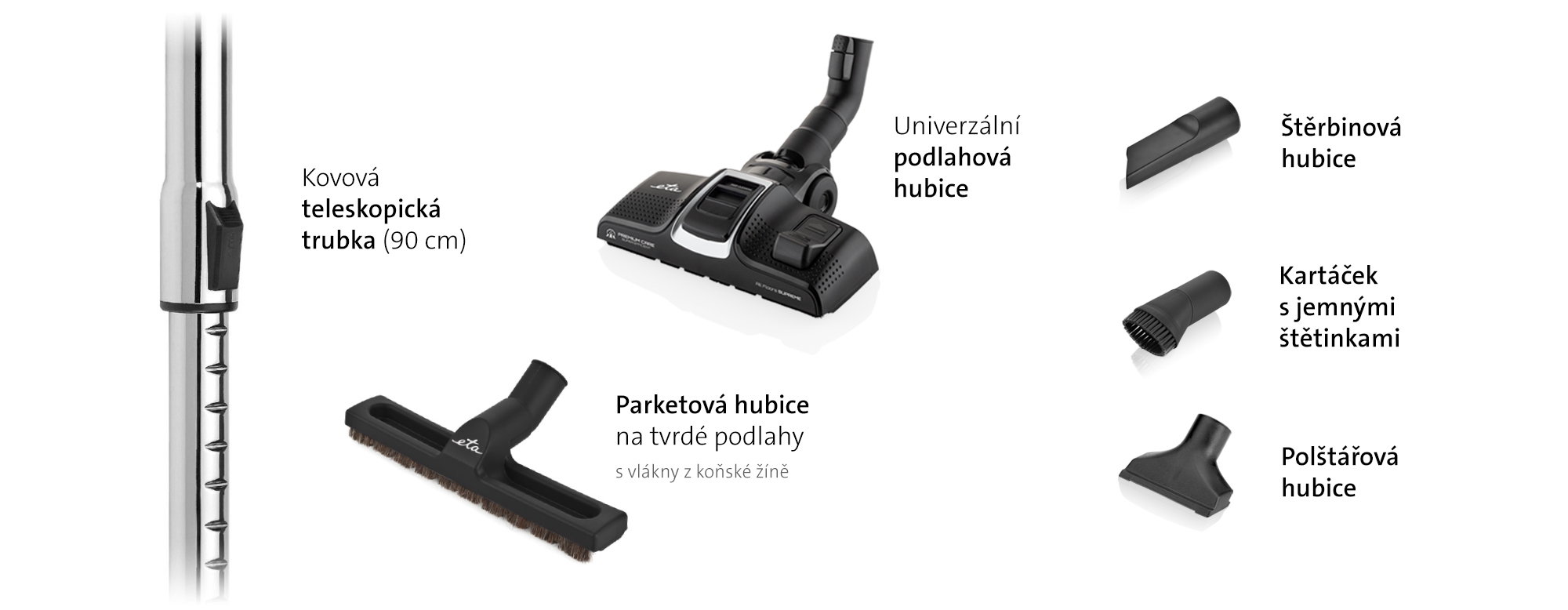 Kompletní sada příslušenství vysavače ETA Avanto včetně parketové a štěrbinové hubice