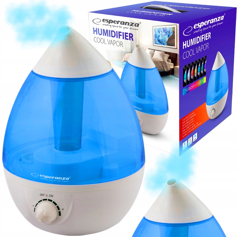 Ultrazvukový zvlhčovač vzduchu Esperanza Cool Vapor s modrým designem a LED osvětlením