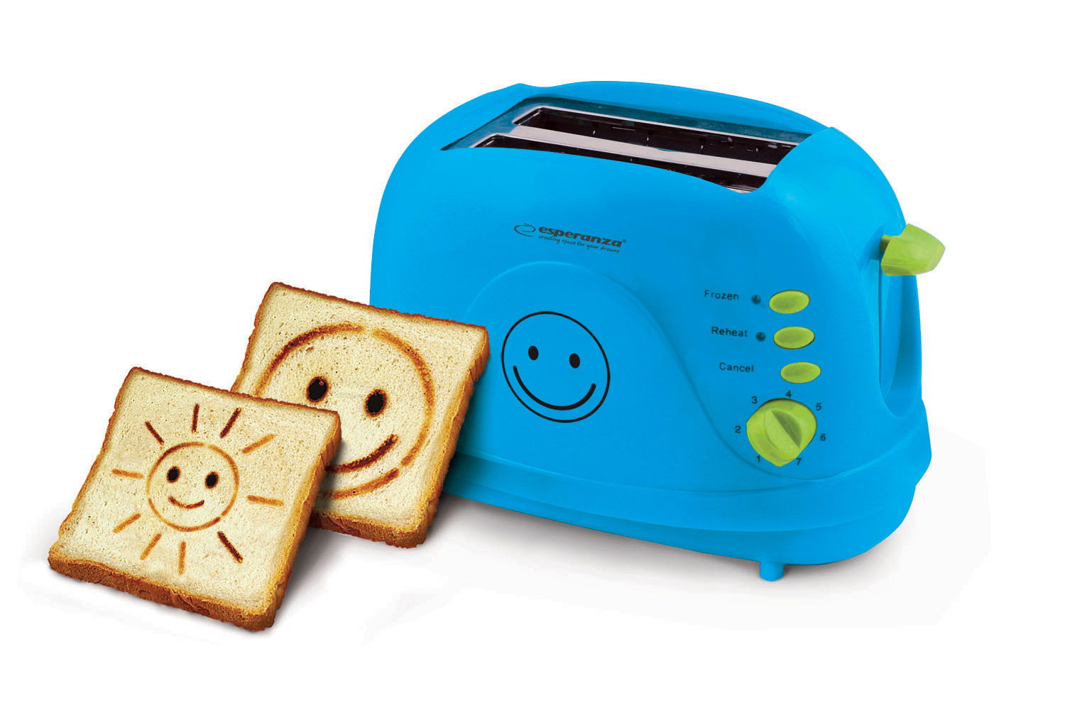 Pohled zepředu na modrý toustovač Esperanza Smiley EKT003B 750 W