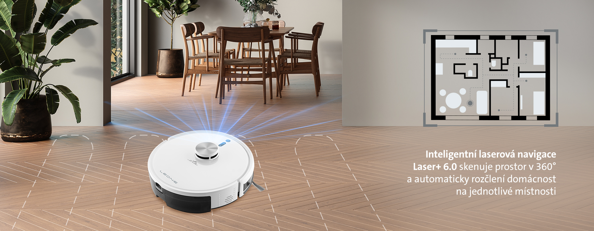 Robotický vysavač ETA Leone v bílém provedení při systematickém úklidu moderního obývacího pokoje