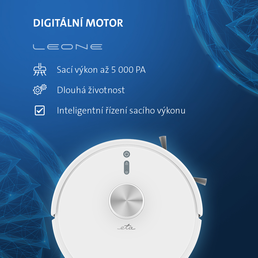 Detailní pohled na elegantní design laserové navigace a konstrukci vysavače ETA Leone