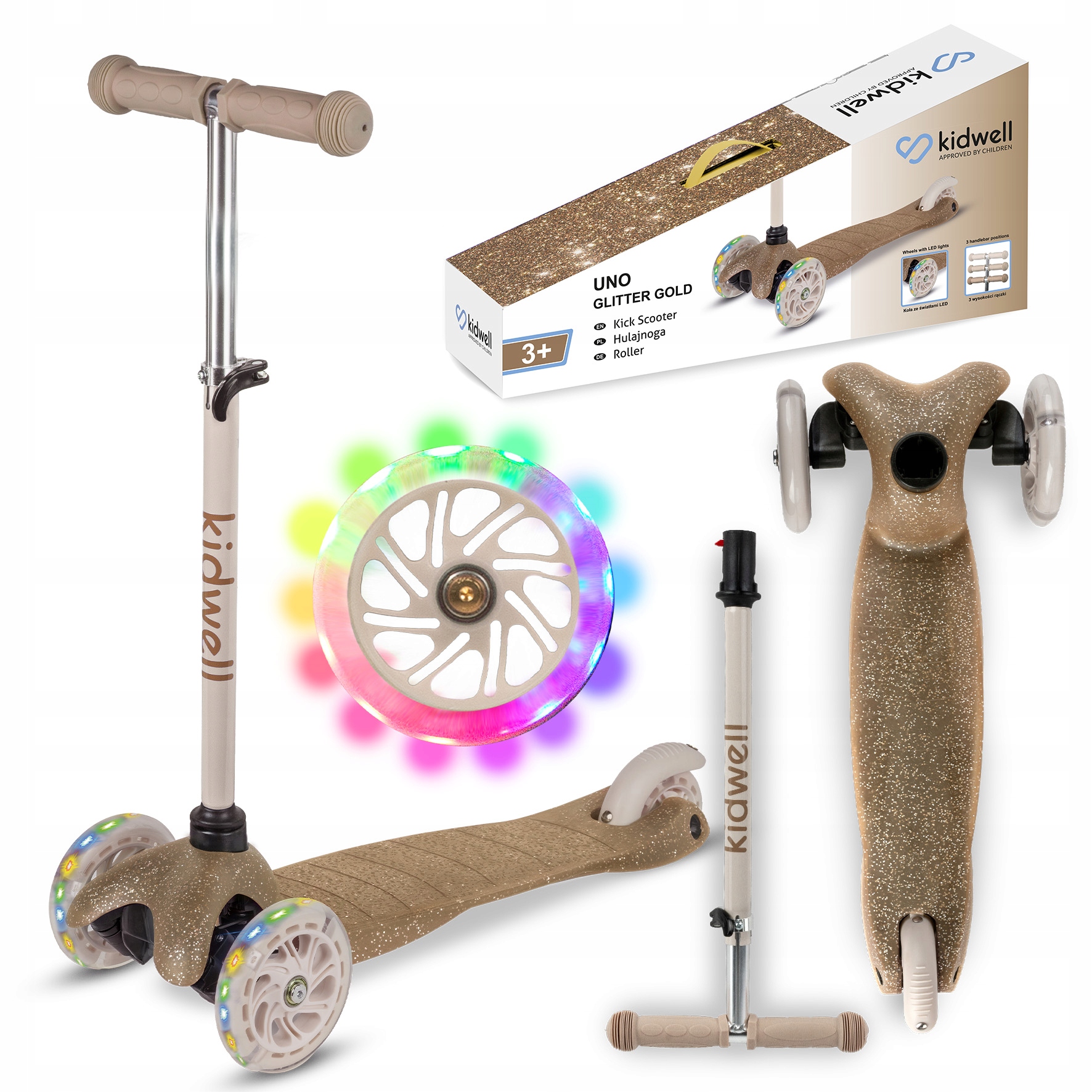 Dětská tříkolová balanční koloběžka Kidwell UNO Glitter Gold se svítícími LED koly