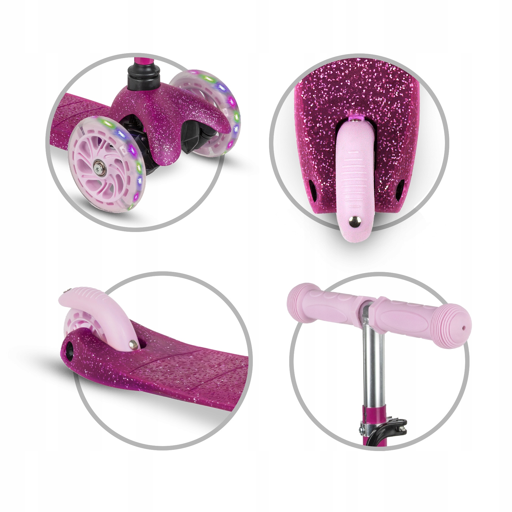 Detail růžové protiskluzové plošiny na koloběžce Kidwell UNO Glitter Pink