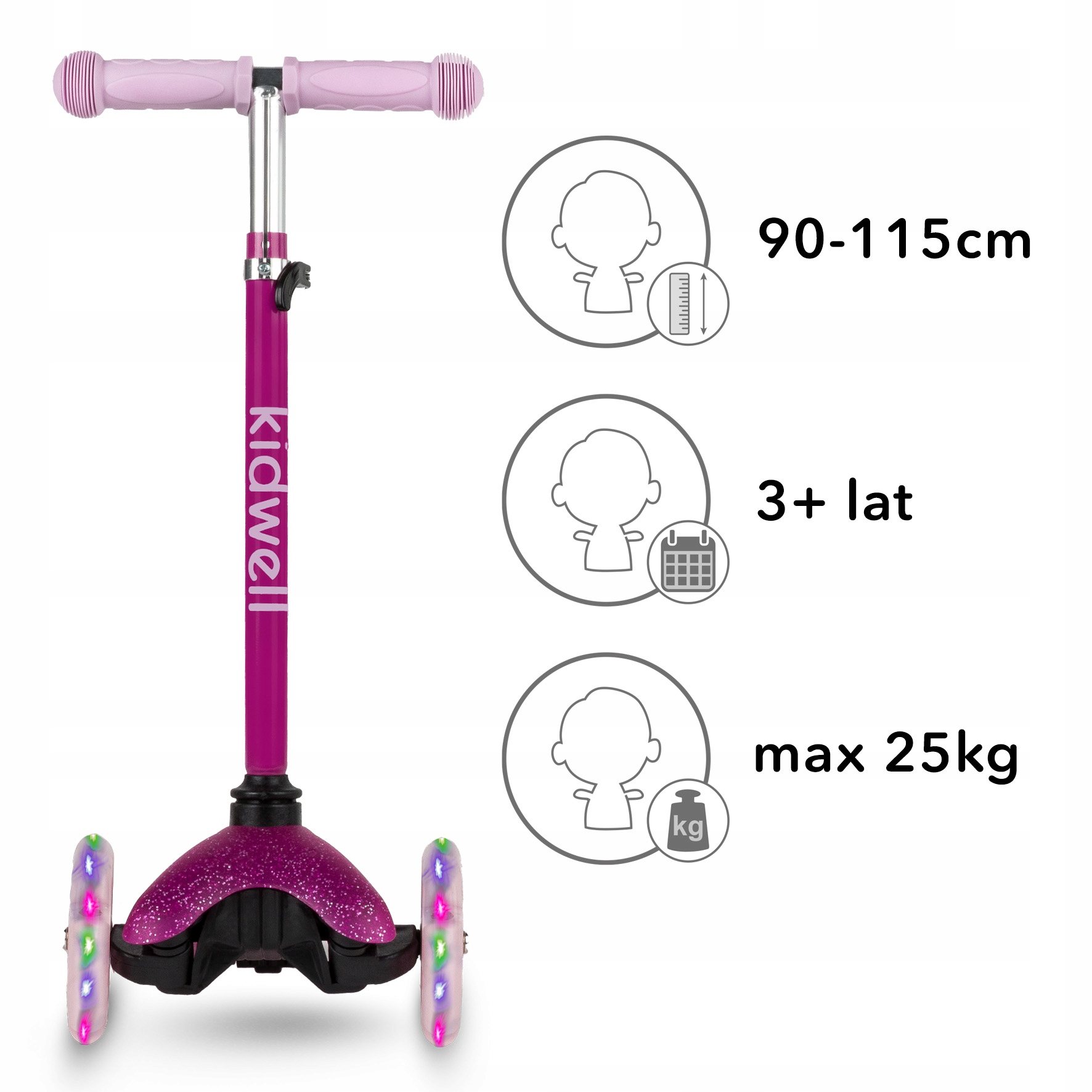 Tříkolová konstrukce a svítící silikonová kola koloběžky Kidwell UNO Glitter Pink