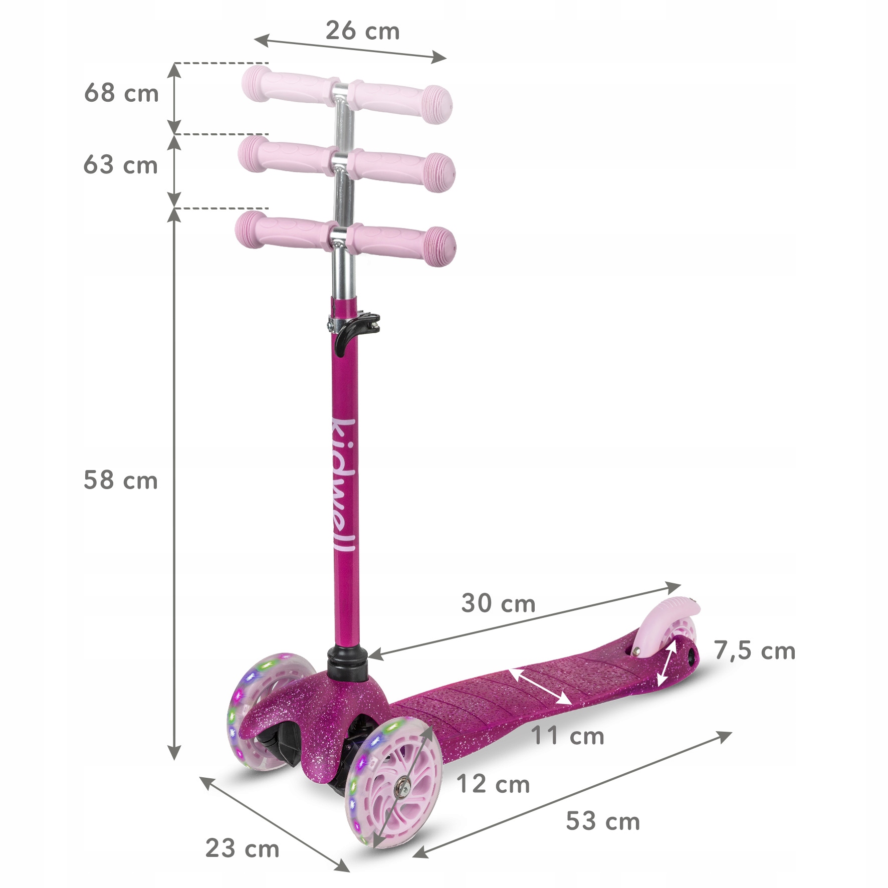 Detail zadní brzdy a tichých polyuretanových kol koloběžky Kidwell UNO Glitter Pink