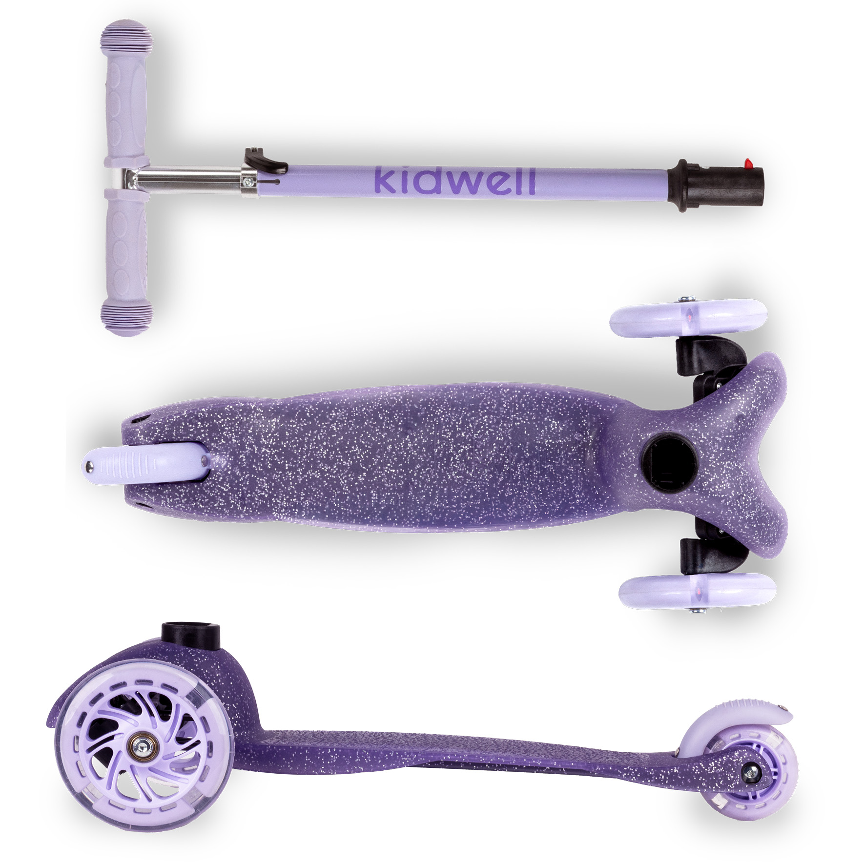 Skládací systém a tichá polyuretanová kola koloběžky Kidwell UNO Glitter Violet