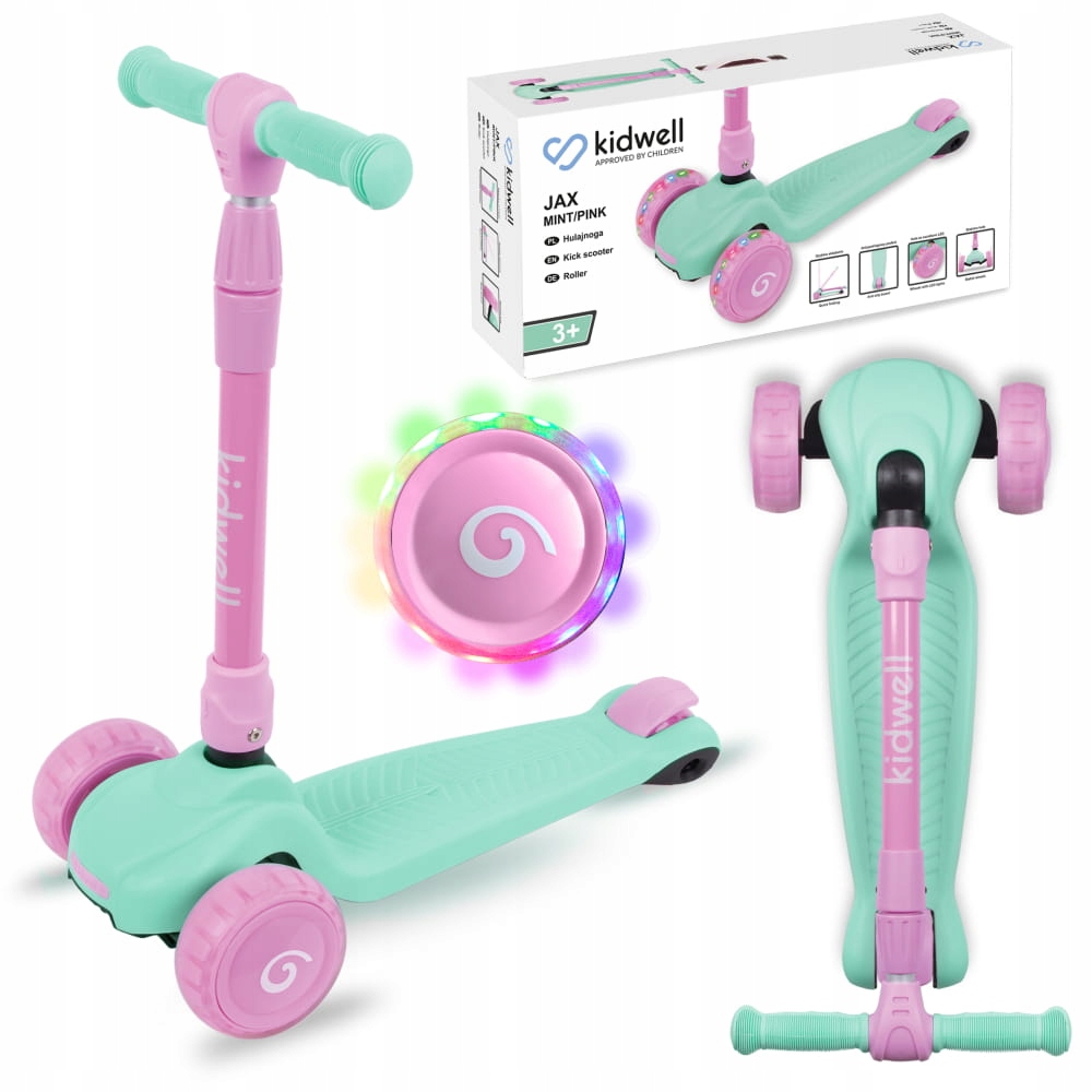 Tříkolová balanční koloběžka Kidwell JAX se svítícími LED koly v provedení MINT PINK