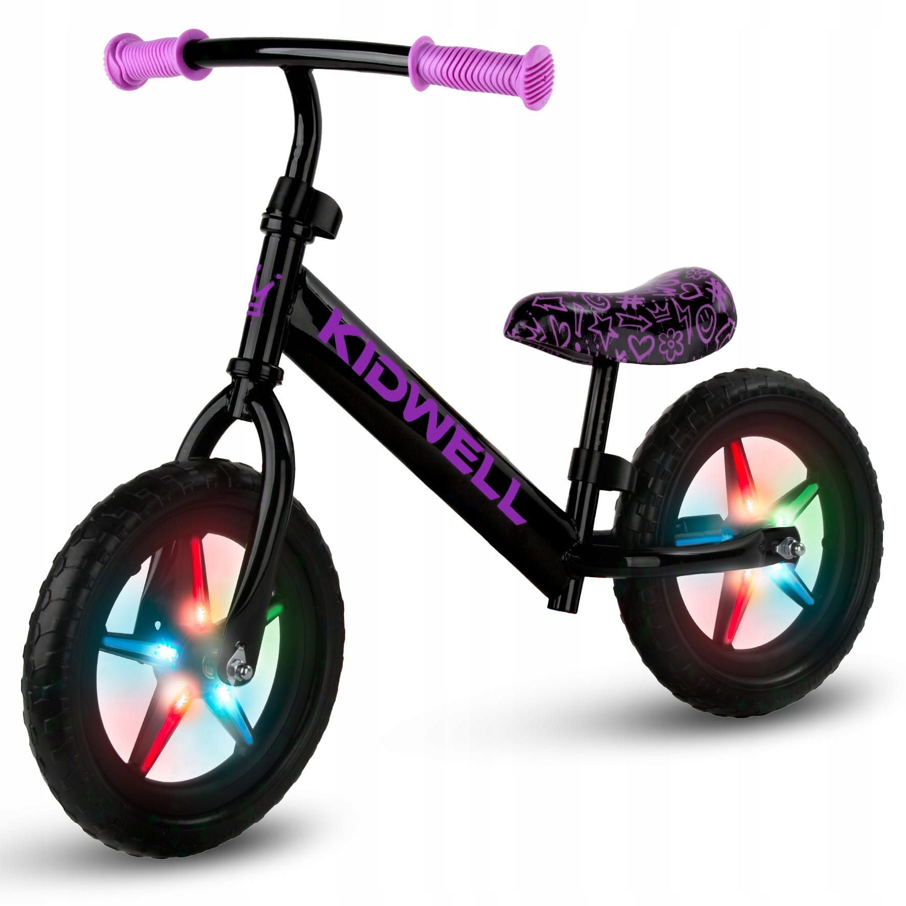 Černo-růžové dětské odrážedlo Kidwell Rebel LED s neonovými detaily a svítícími ráfky