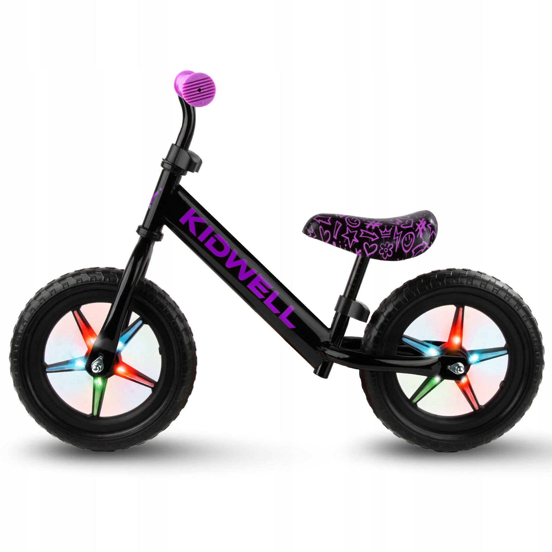 Boční pohled na lehké dětské odrážedlo Kidwell Rebel LED Neon Pink s ocelovým rámem