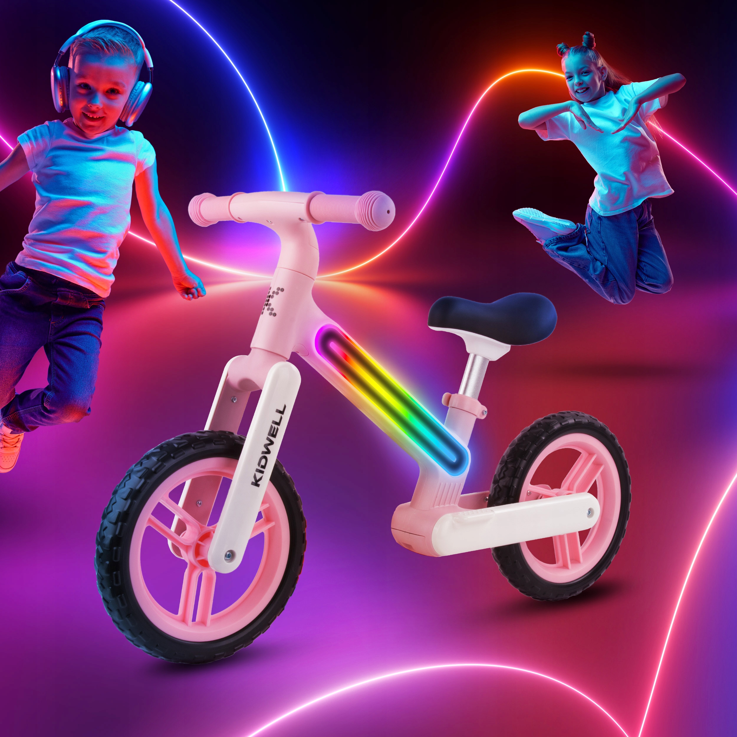 Detail nylonového rámu s LED prvky odrážedla Kidwell Suno Pink
