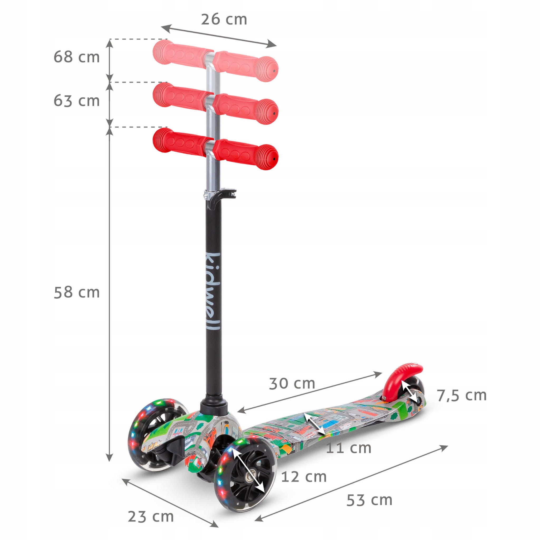 Detail svítících LED kol a kvalitních ložisek ABEC-7 na koloběžce Kidwell UNO City