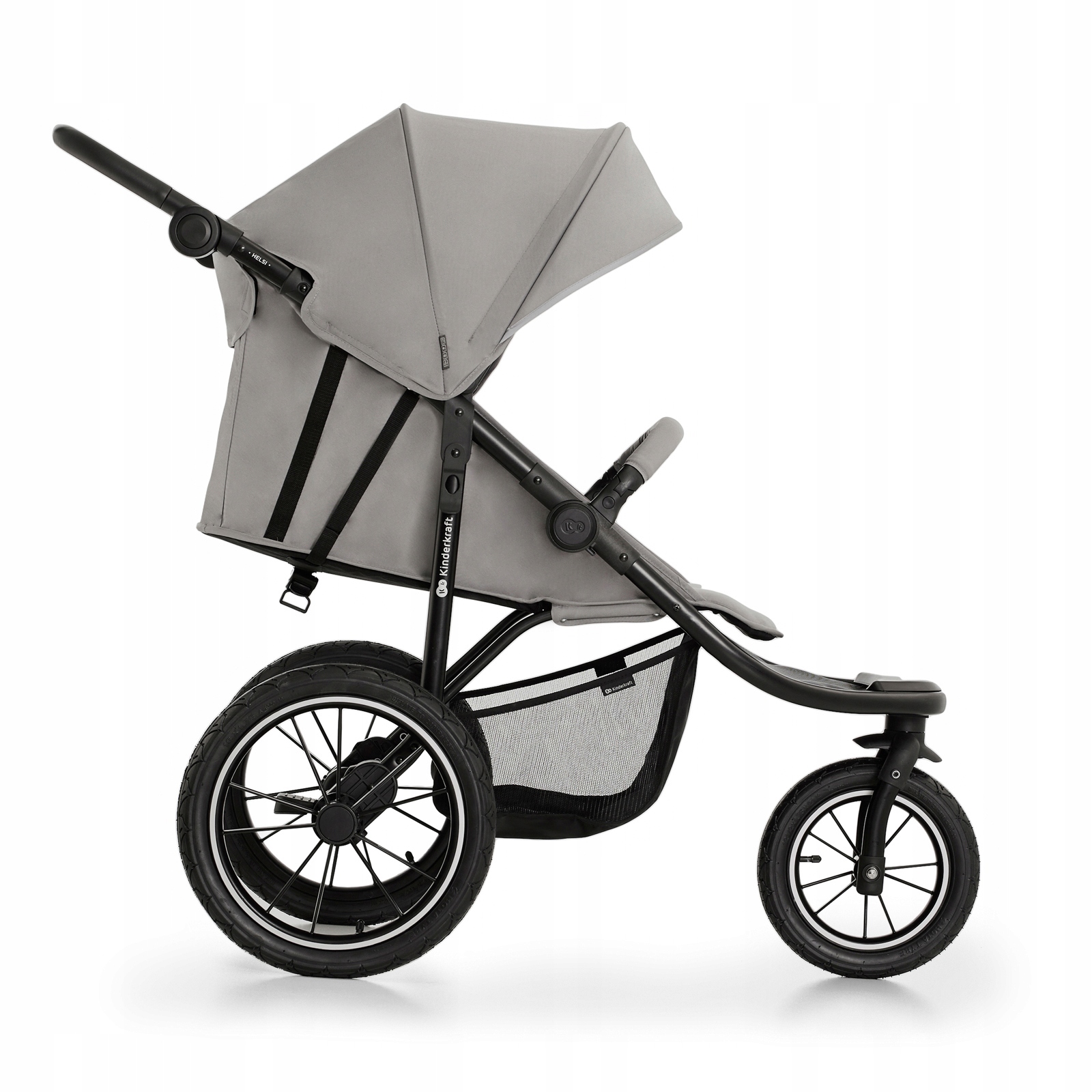 Detailní provedení a značka Kinderkraft u kočárku Helsi Grey