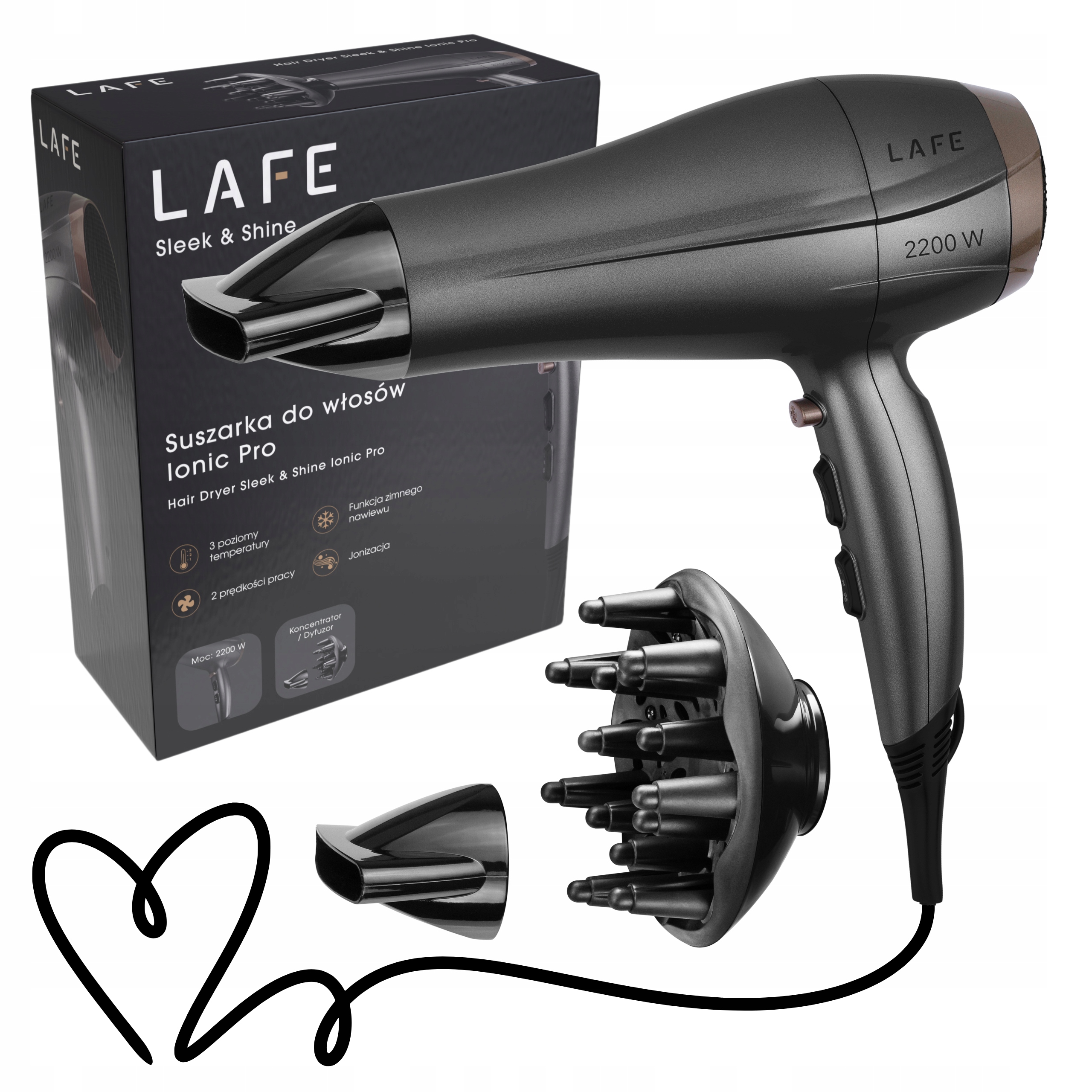 Profesionální fén na vlasy LAFE Sleek & Shine Ionic PRO s vyměnitelnými nástavci