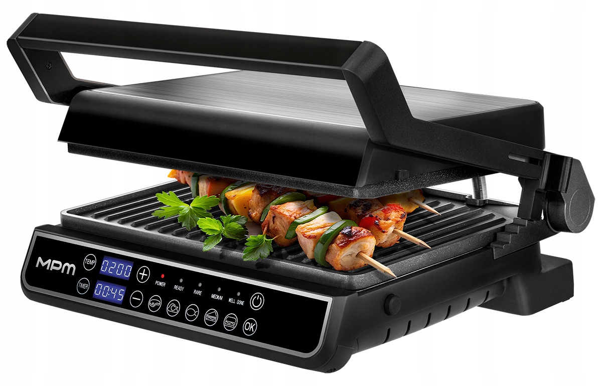 Elektrický gril MPM MGR-14M 2400 W - celkový pohled na nerezový spotřebič s LED displejem