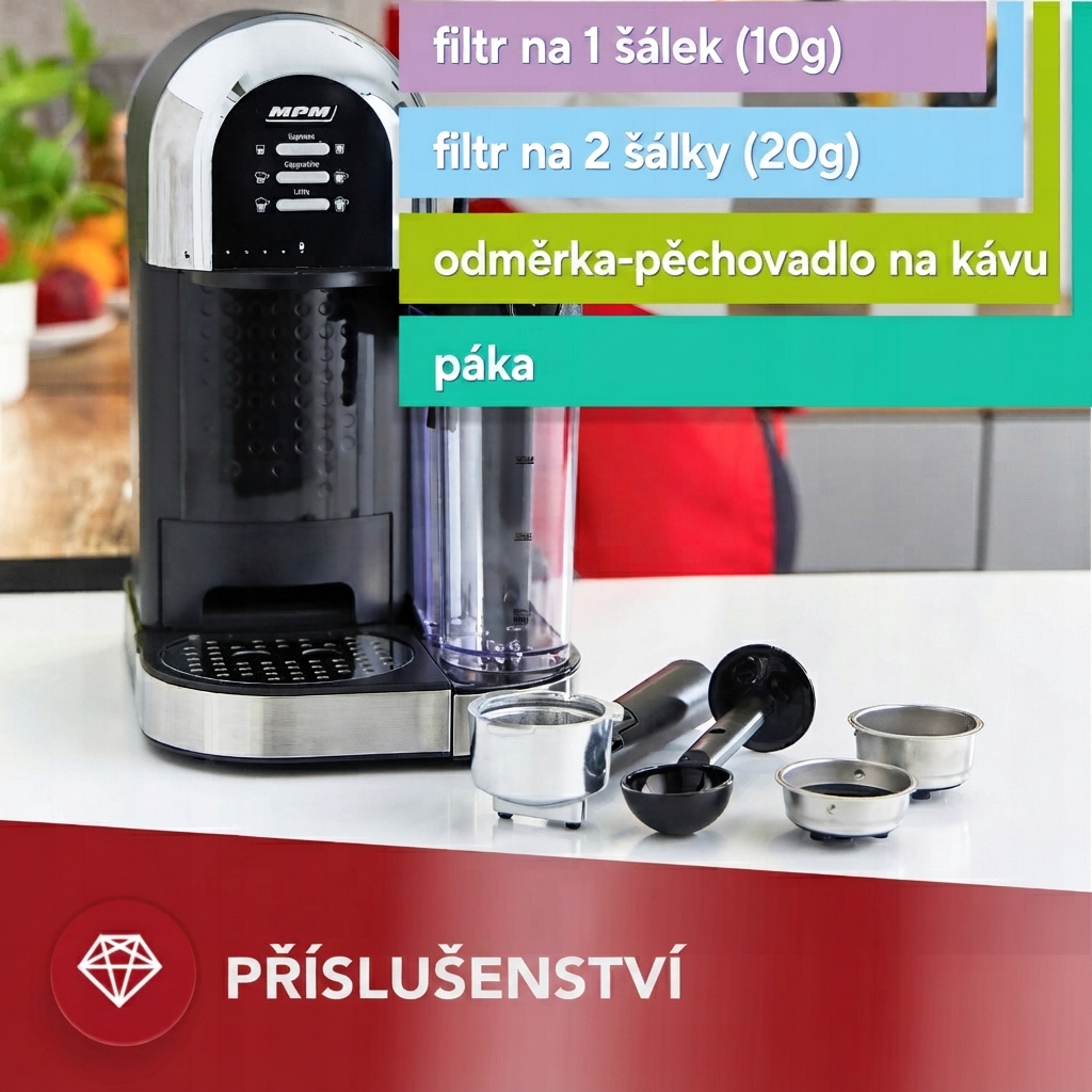 Pákový kávovar s mléčnou tryskou MPM MKW-14M – detail páky a filtrů