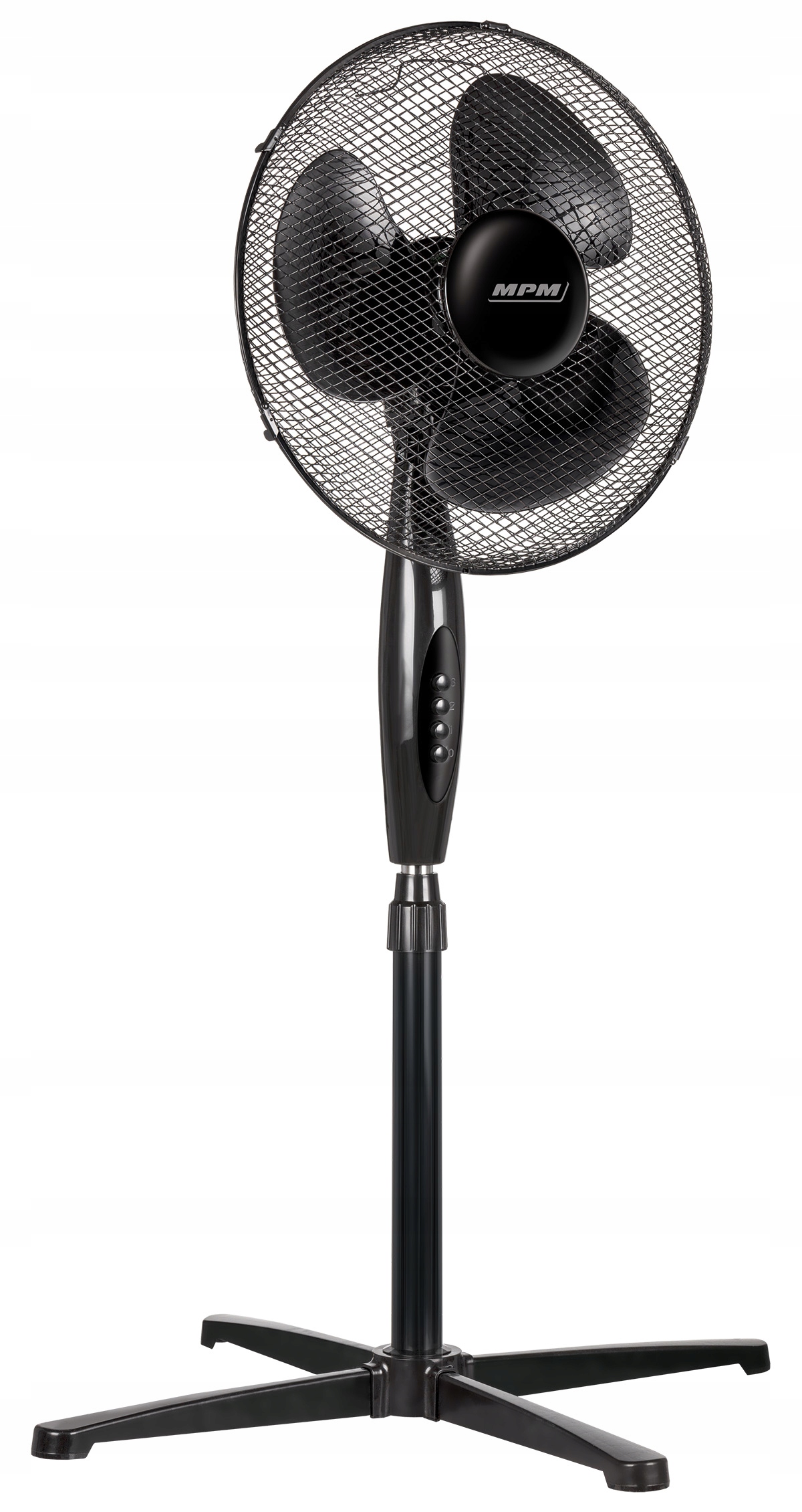 Elegantní černý stojanový ventilátor MPM MWP-15/C na stabilním křížovém podstavci
