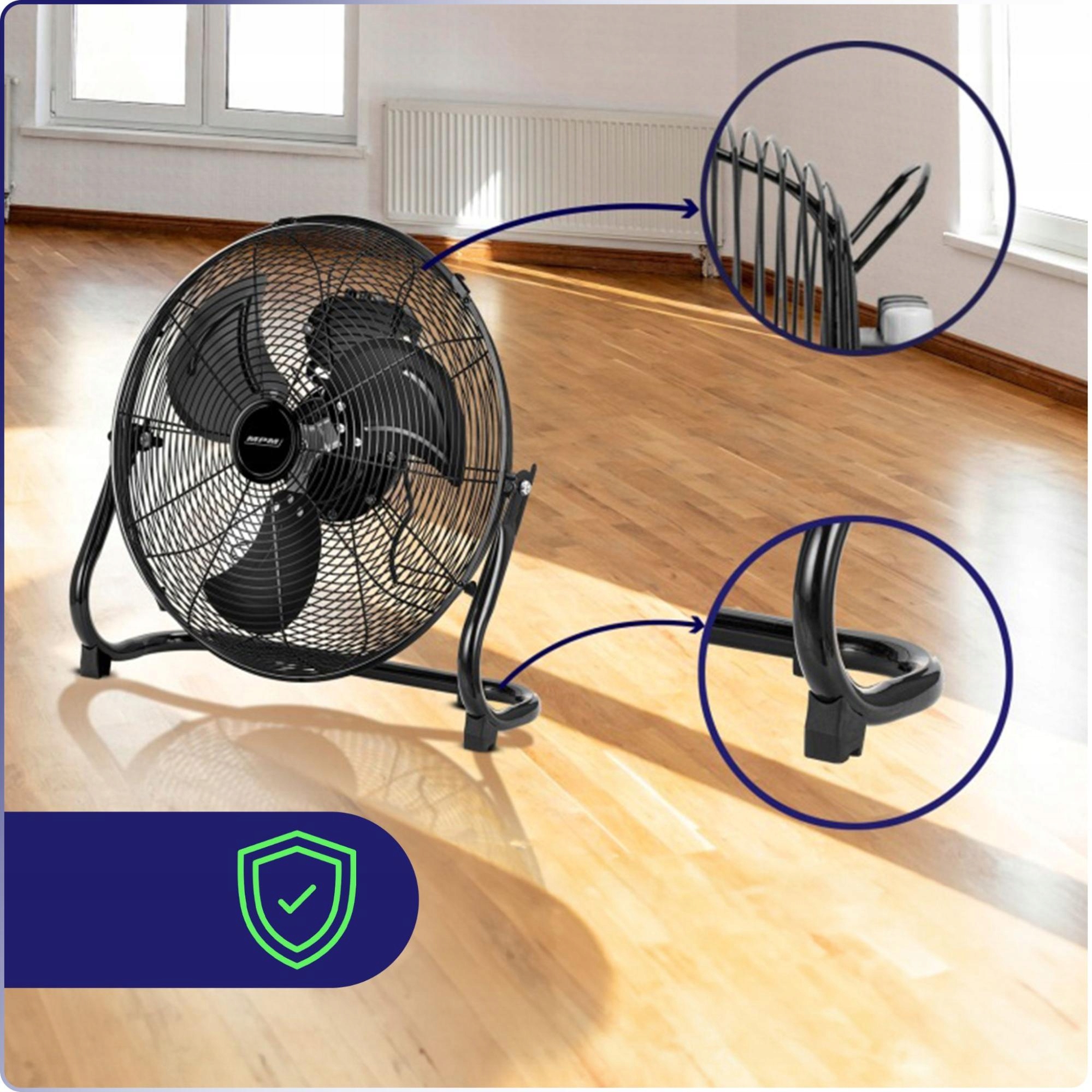 Celkový pohled na stabilní konstrukci černého ventilátoru MPM