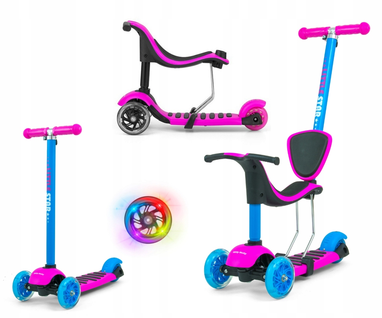 Rostoucí dětská koloběžka a odrážedlo 3v1 Milly Mally Scooter Little Star Pink-Blue se sedátkem a vodící tyčí