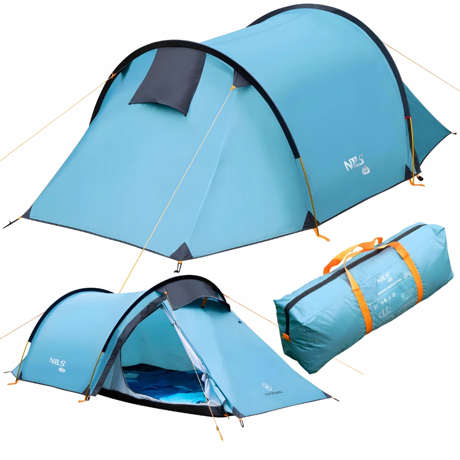 Modrý turistický stan pro 2 osoby NILS Camp NC6003 North Peak postavený v přírodě
