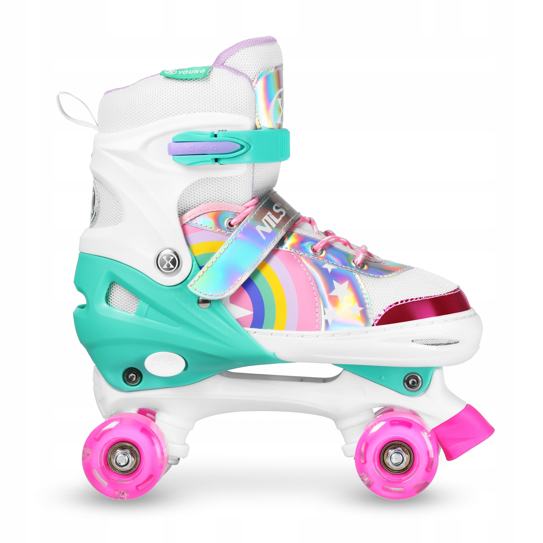 Detail nastavitelného mechanismu u kolečkových bruslí NILS Extreme NQ0187 Rainbow LED
