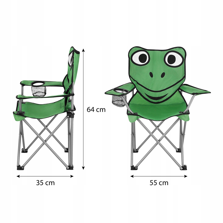 Pohled z boku na složenou a rozloženou dětskou židličku NILS Camp NC3007 FROG