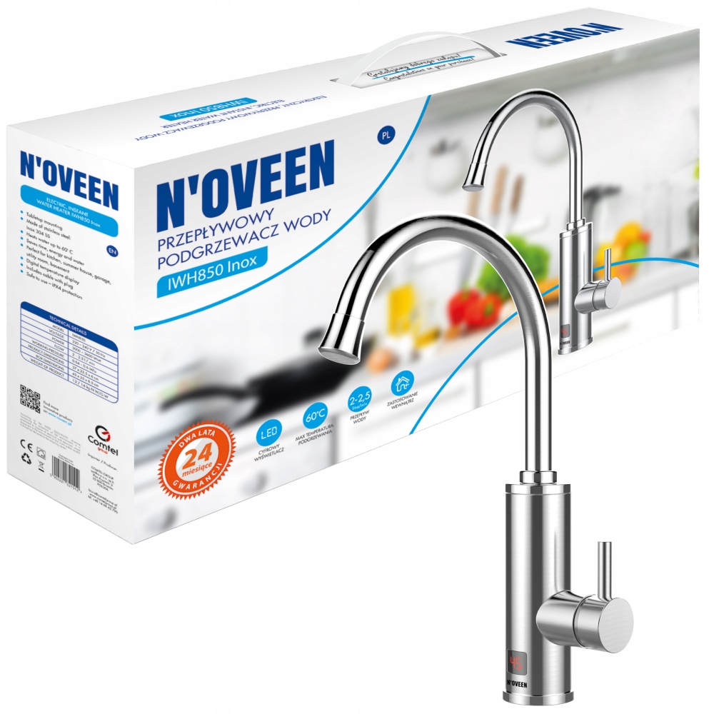 Průtokový ohřívač vody Noveen IWH850 INOX namontovaný na desce