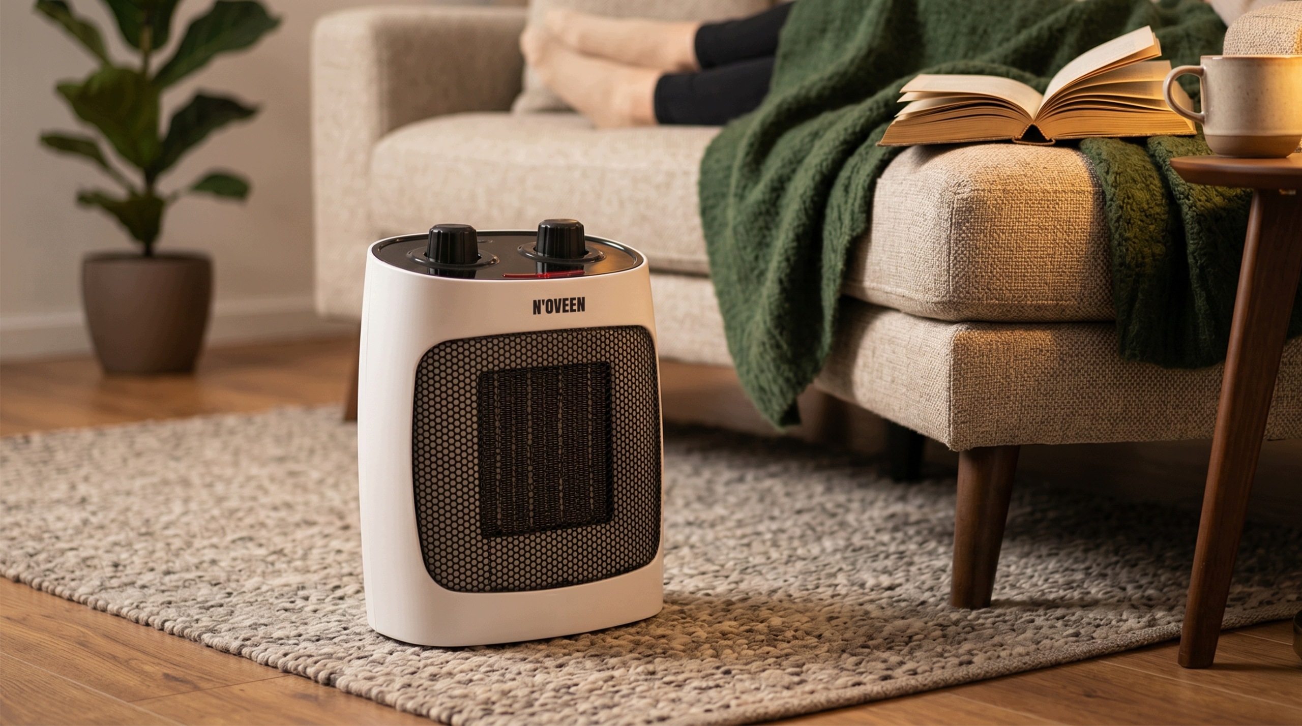 Pohled na konstrukci bílého termoventilátoru N'oveen PTC07
