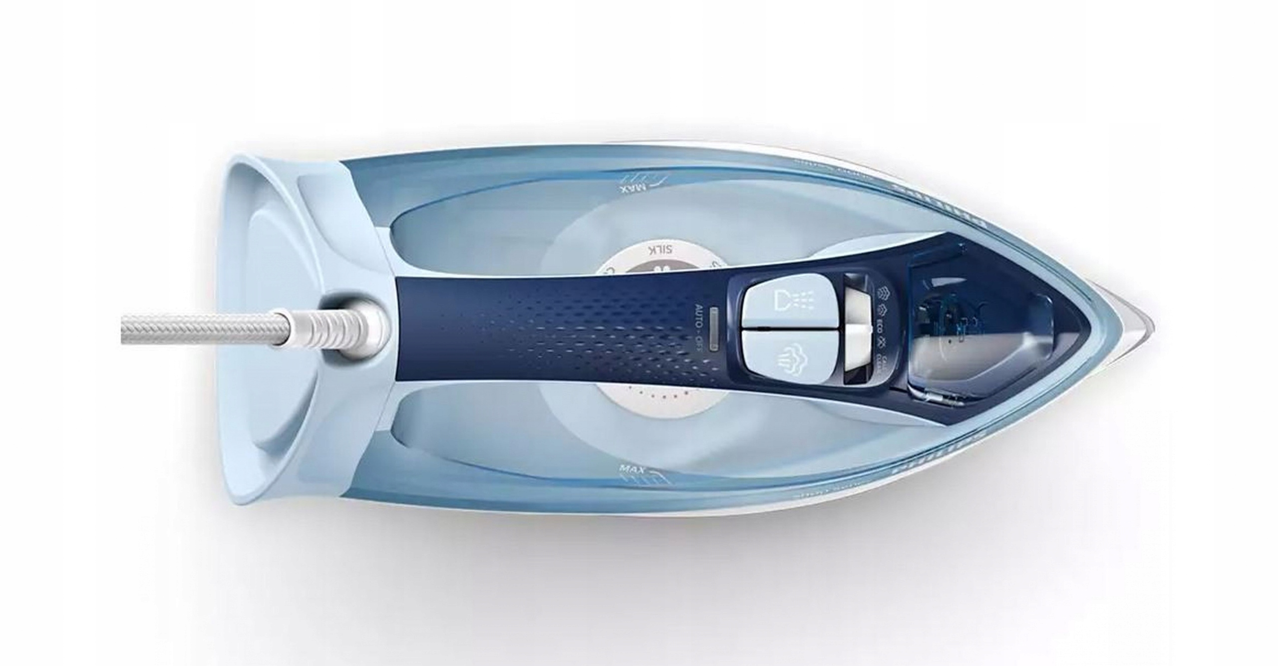 Detailní pohled na otočný volič teploty pod rukojetí žehličky Philips