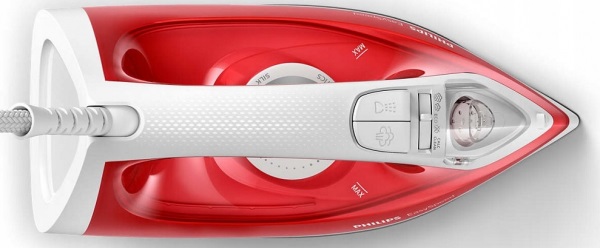 Žehlička Philips z boční strany s vyobrazením ergonomické rukojeti a regulátoru teploty